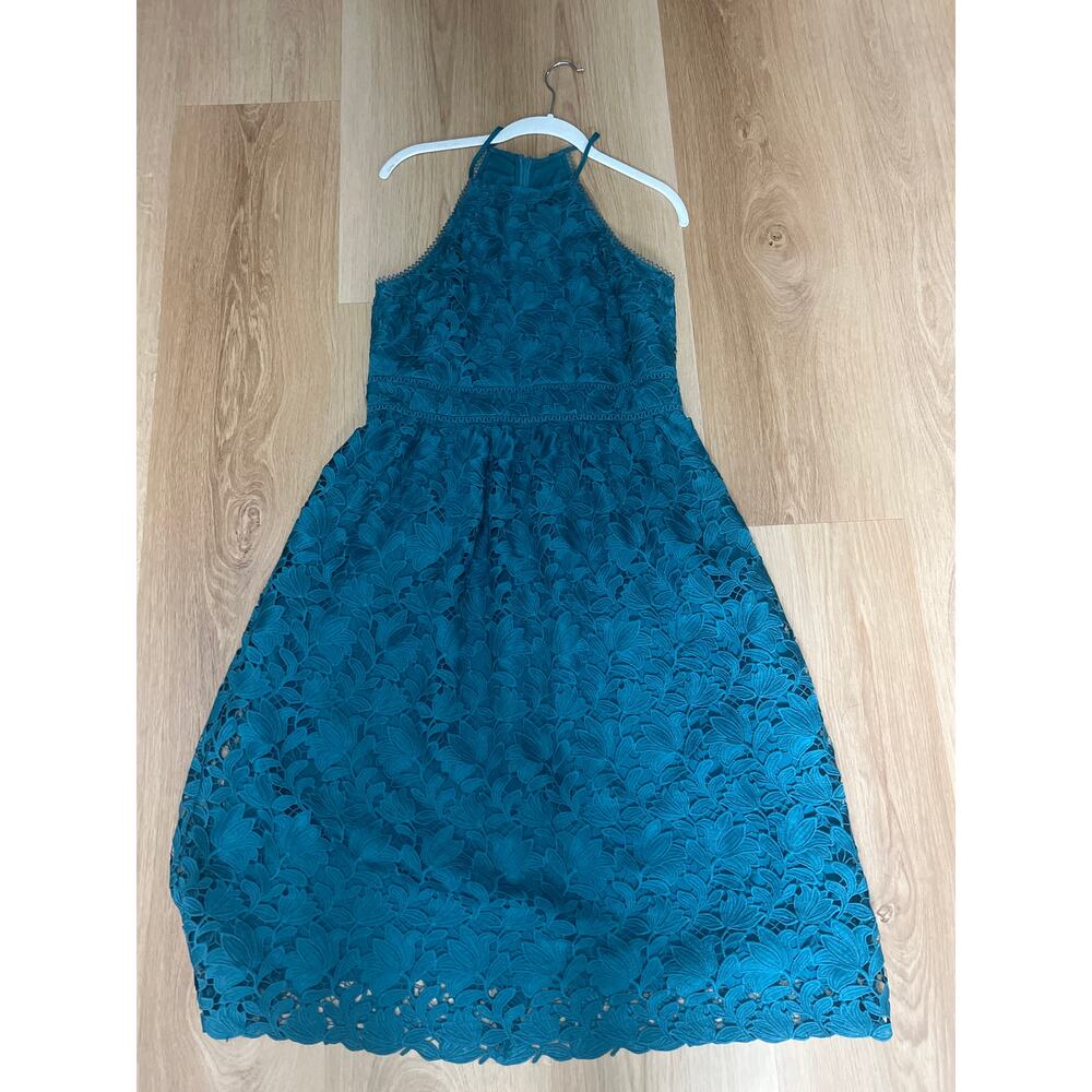 Teal lace midi dress from loft, size 8.